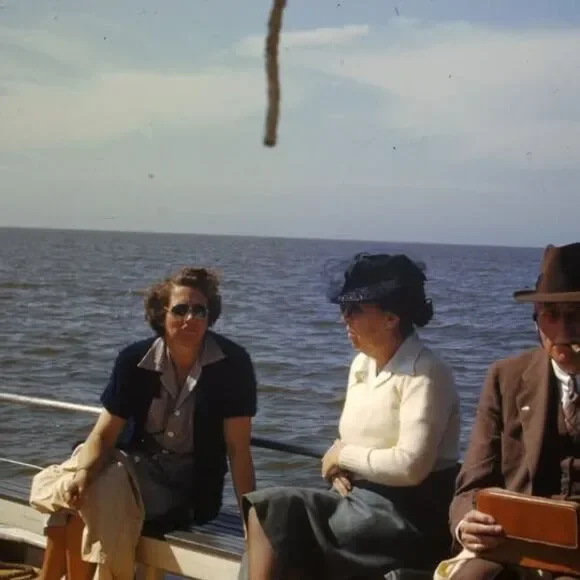 Kodak 35mm Slide 1940s Red Border Kodachrome Older Friends Enjoying a Boat Ride