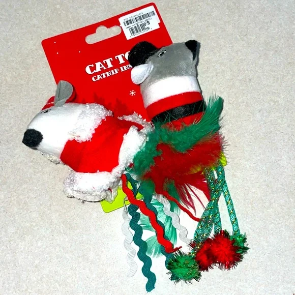 Cat toys Pair of 2 catnip filled Mr & Mrs Claus stuffed mice feathers danglers