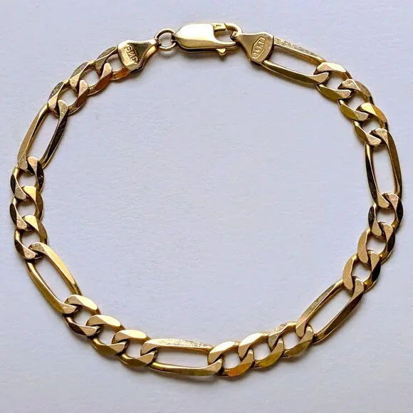 Vintage Italy Designer Unisex Solid 14K Yellow Gold Figaro Link Chain Bracelet