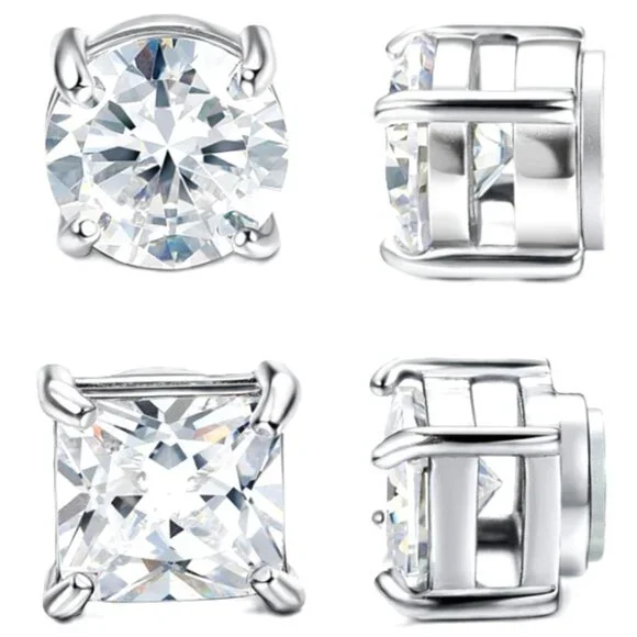 2 Pair 6MM - 4 Prong Stainless Steel & CZ Magnetic Non-Piercing Stud Earrings