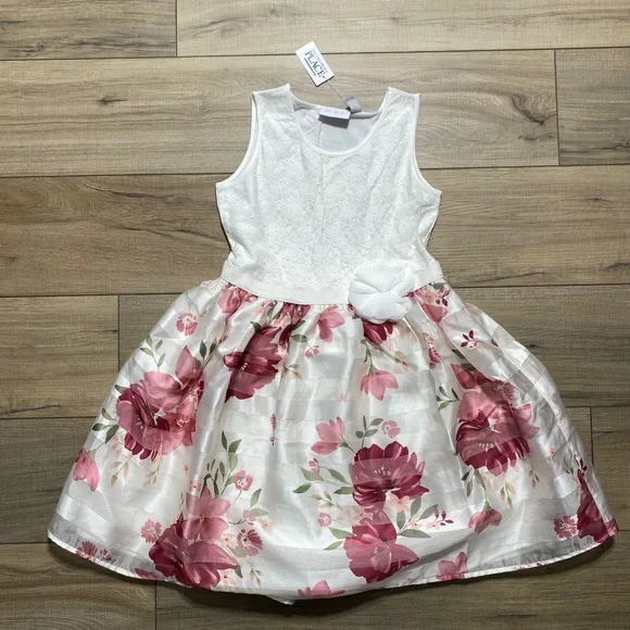 The Children’s Place‎ Girls Lace & Floral Knit To Woven Dress Large 10/12 White