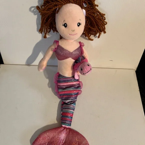 The Petting Zoo Pink Fin Mermaid Brown Skin Brunette Hair Turtle Pet Plush 17 “