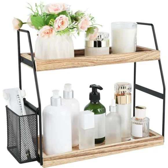 Bathroom Counter Organizer, 2-Tier Standing Storage Shelf with Basket, Wood