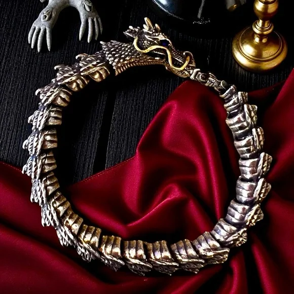 Bold Silver and Brass Toned Ouroboros Blue Eyed Dragon Bracelet 8.5”