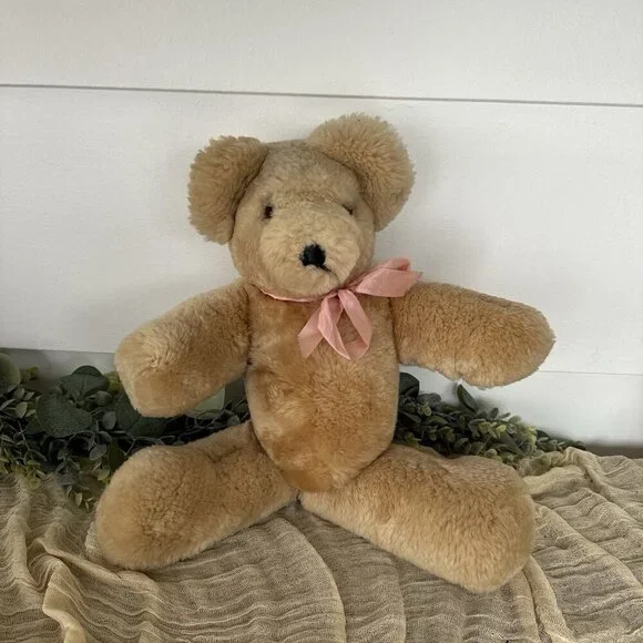 19” Vintage Petkin Jointed Teddy Bear Growler England Leather Nose‎ Blonde Soft
