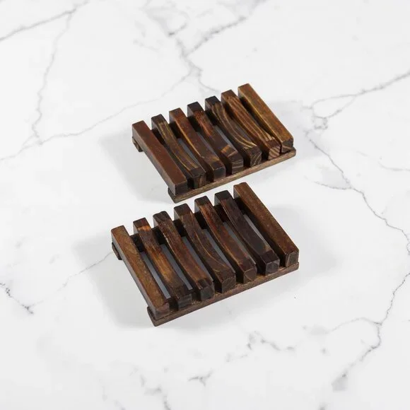 Set of 2 Natural Wood Soap Holder Storage
