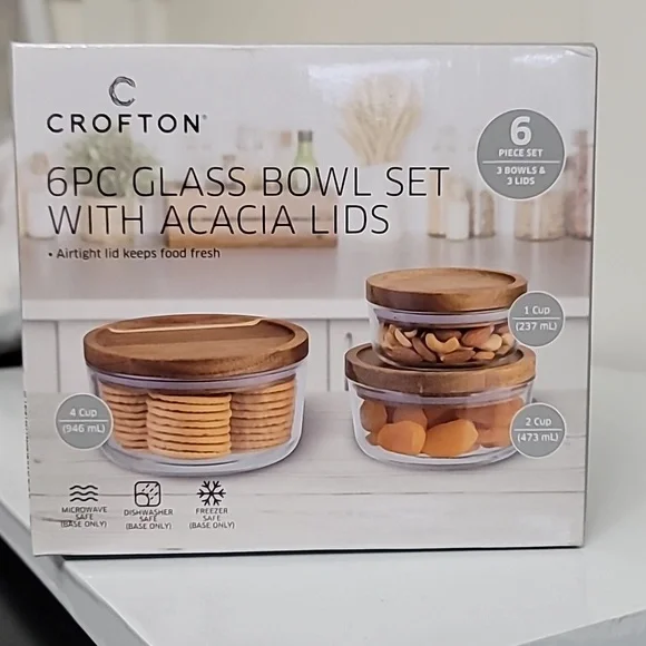 NEW Crofton Glass Bowl Set with Acacia Lids