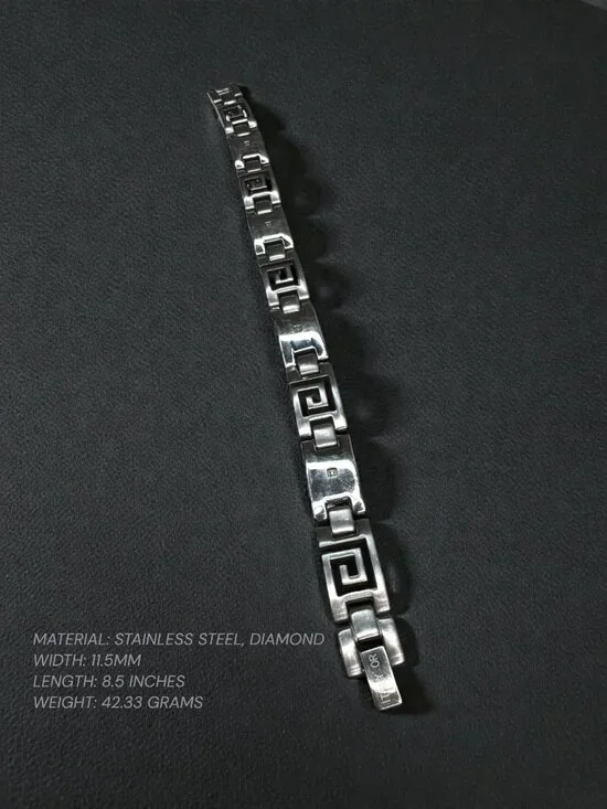 Italy OR Stainless Steel Greek Key Bracelet Diamond Accent 2000s