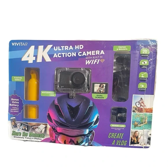 Vivitar DVR923 4K Ultra HD Action Camera Kit Dual Screen with Wifi Bonus Battery