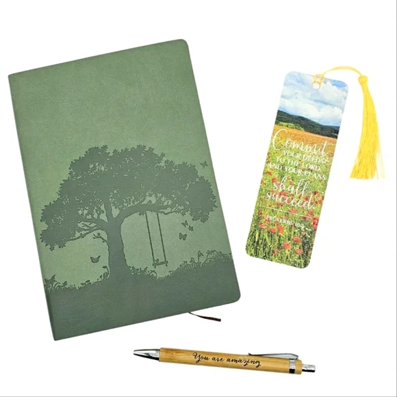 Inspirational Journal Set Tree of Life Faux Leather Pen Christian Bookmark Green