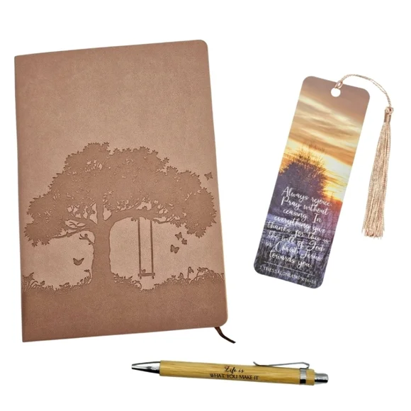 Inspirational Journal Set Tree of Life Faux Leather Pen Christian Bookmark Pink