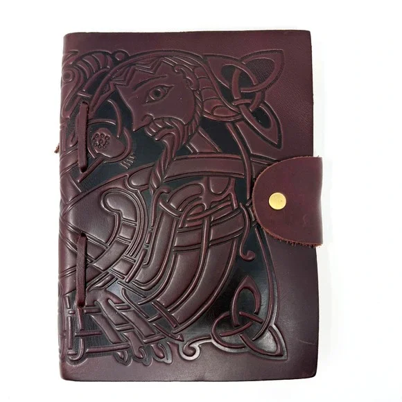 Handmade Leather Journal Celtic Raven Engraved Brown Blank Pages