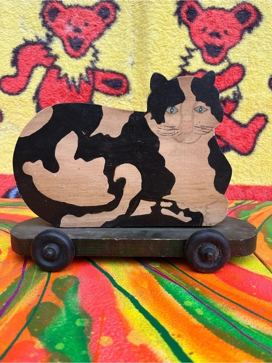 Handcrafted Wooden Cat skateboard Pull Toy - Black and Natural
