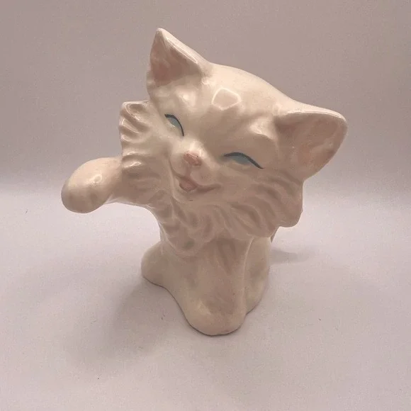 Vintage MCM Ceramic Cat Kitten Figurine White Persian Blue Eyes Adorable 4