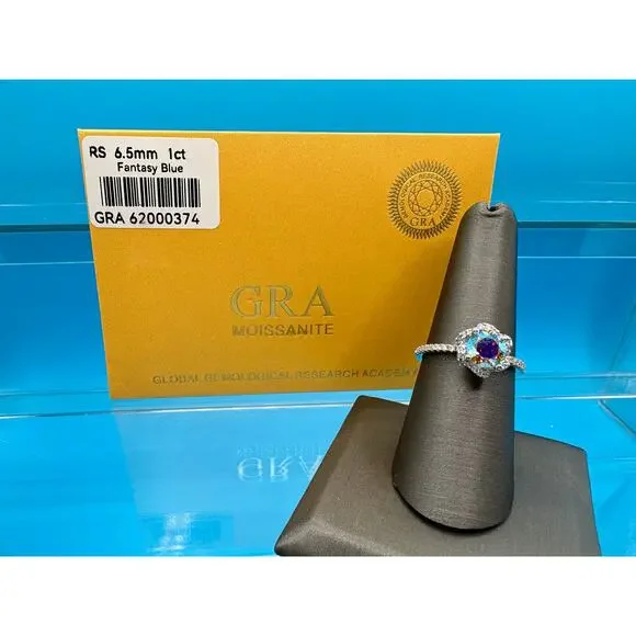 Fantasy Blue & White Moissanite Ring 1CTW Size 7.5 GRA Incl.