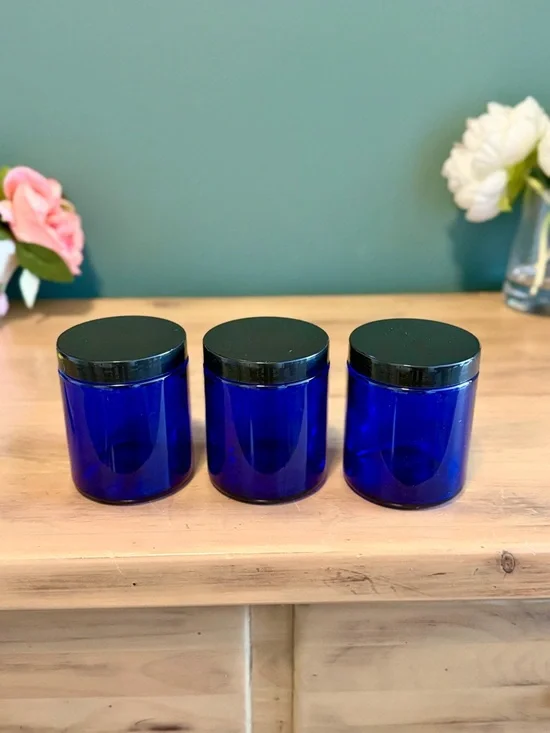 Cobalt Blue Glass Jars Set of 3 w/ Lids Midnight Decor Storage