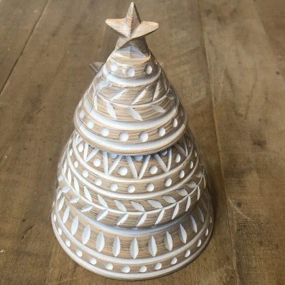 🤎🤍🤎 Bathroom Q-Tip Holder Christmas Tree Wooden White & Gold Wash 🤎🤍🤎 NWT