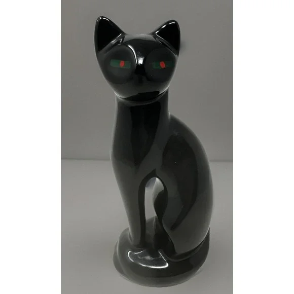 Vintage Siamese Black Cat Figurine Green Red Eyes Ceramic MCM 8.5