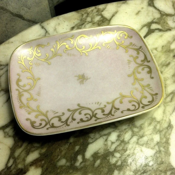 vintage Limoges Saks 5th Porcelain 24k Gold Pink Soap Dish