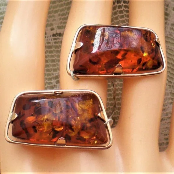 Vintage Russian Russia USSR NEW OLD STOCK 14K 583 Rose Pink Gold Amber Cufflinks
