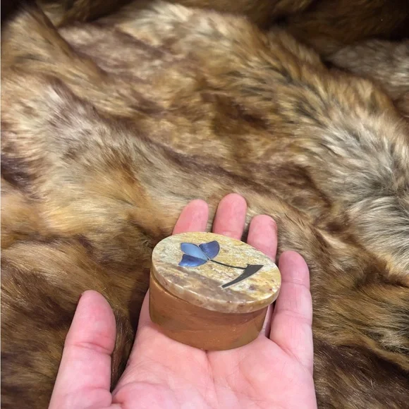 Handmade Stone Trinket Box with Inlaid Blue Flower Ring Box