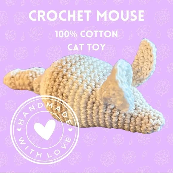 HP Mouse Cat Toy 100% Cotton Crochet Handmade Natural Material Soft on Paws Curl