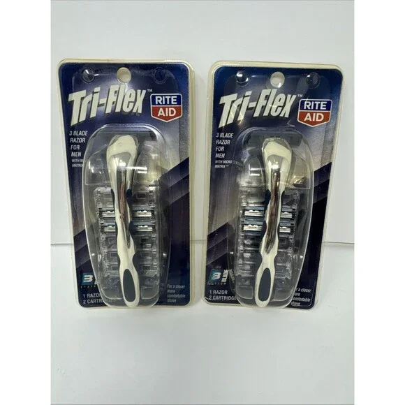 LOT 2 Tri-Flex Rite Aid 3 Blade Razor for Men 1 Razor 2 Cartridges NEW NOS