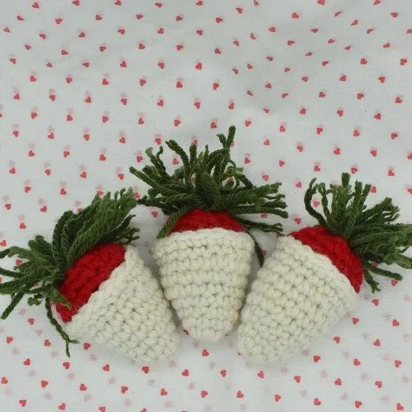 Crochet Catnip White Chocolate Covered Strawberry Cat Toys Set of three