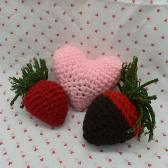 Crochet Catnip Valentines Day Cat Toys Heart and Strawberries Bundle