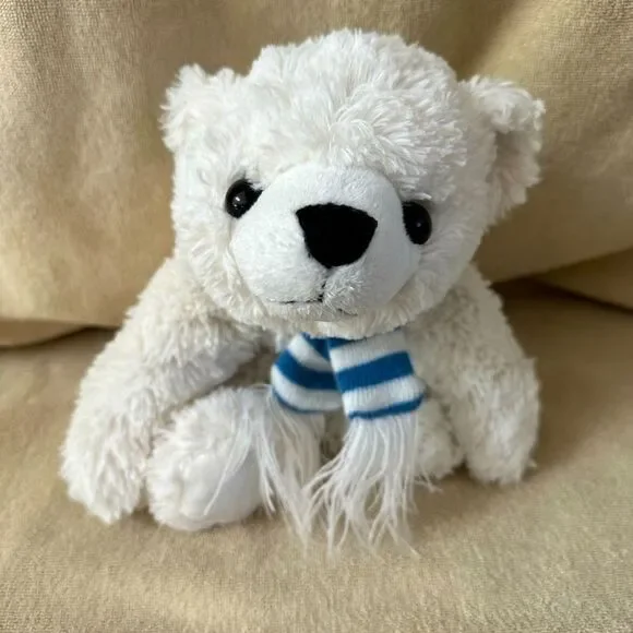 Animal Adventure Plush White Polar Bear Blue White Scarf Stuffed Animal 11” Toy