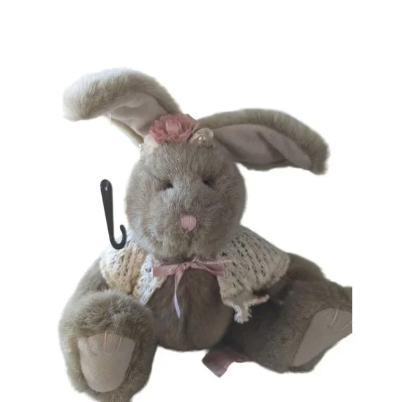 Russ Misty jointed stuffed rabbit pink ribbon flower w/shall tan beige fur 6‎ in