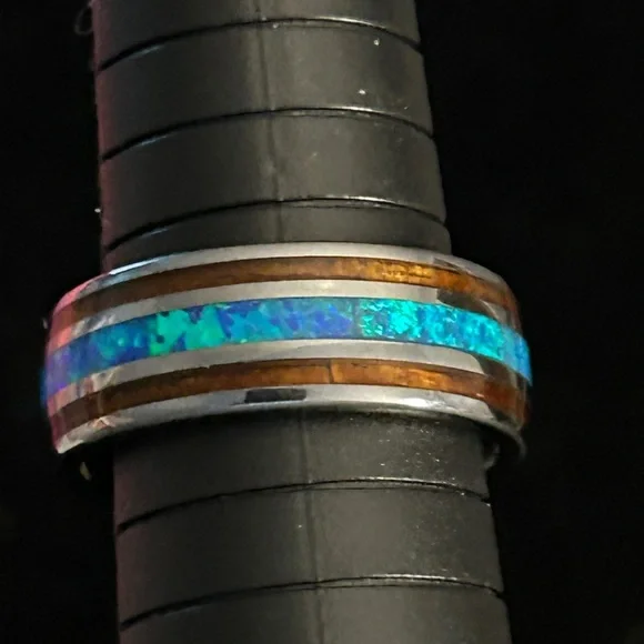 Tungsten Carbide inlaid Hawaiian Koa Wood With Opal Ring Size 9