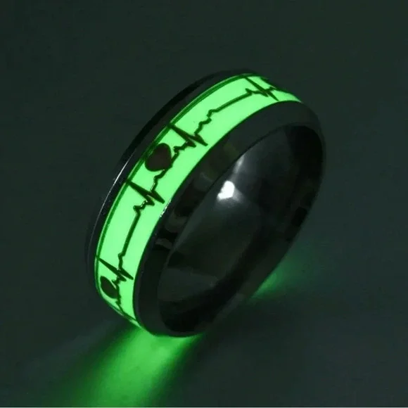Glow In The Dark Stainless Steel Heartbeat Band Ring - Size 7