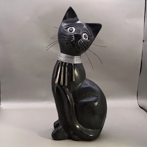 Wooden Black Cat Wearing Egyptian Style Collar 10