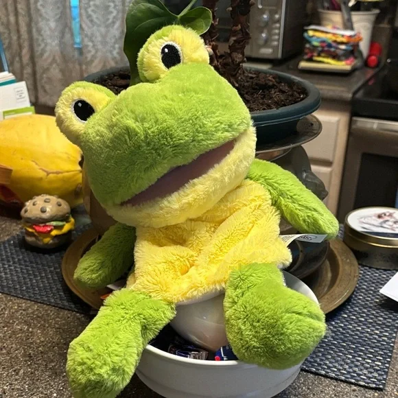 Green and Yellow Frog Plush Toy hand puppet
