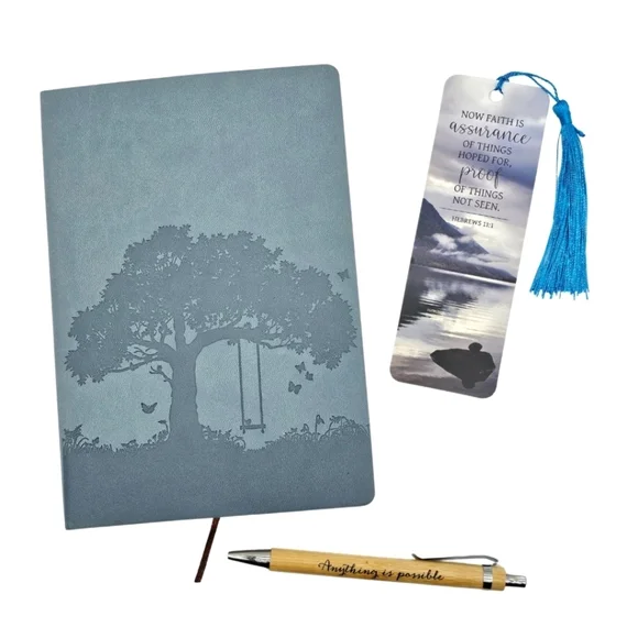 Tree of Life Faux Leather Journal Bamboo Pen Inspirational Bookmark Set Blue