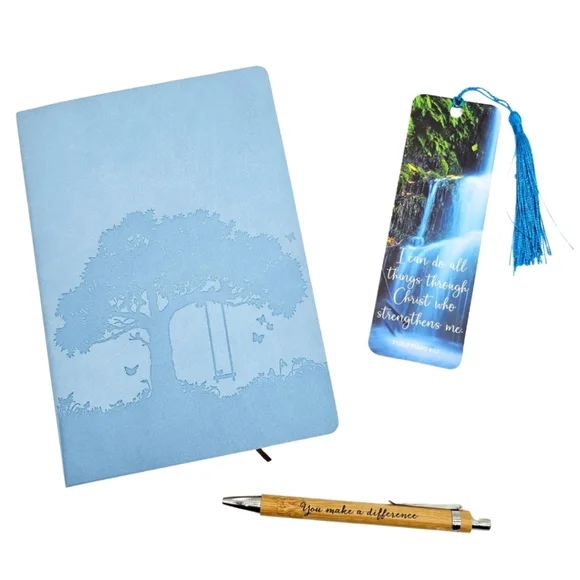 Tree of Life Faux Leather Journal Bamboo Pen Inspirational Bookmark Set Blue