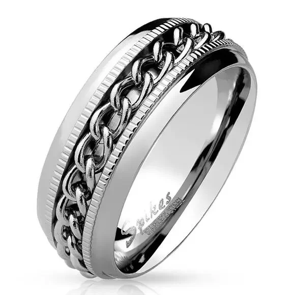 Chain Center Spinner and Diacut Lined Stainless Steel Ring size 13