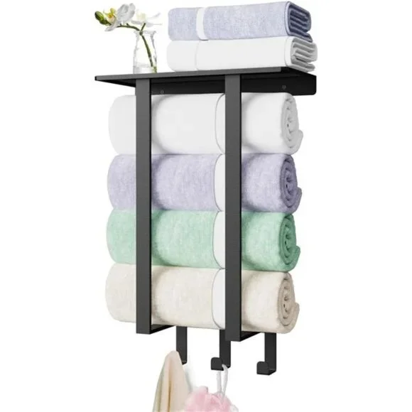 Towel Racks for Bathroom Wall, Metal Square Tube Towel Rack with Shelf & 3 Hooks