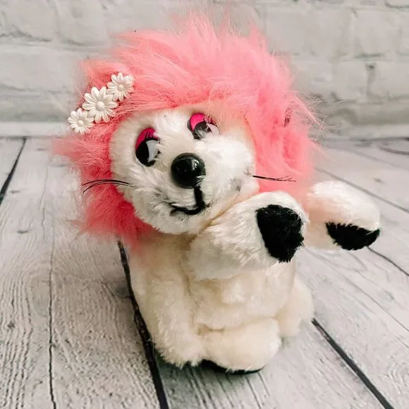 Vtg Dan Brechner White Pink Lion Bear Girl Plush 8” Stuffed Animal Rare Whimsy