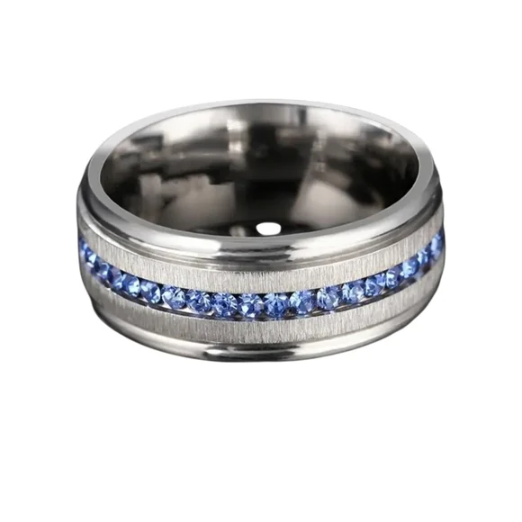 New Men's Stainless Steel Band Ring with Blue Cubic Zirconia Row Size 11