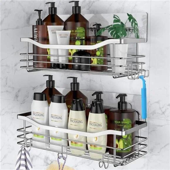 Shower Caddy Basket Shelf with 5 Hooks Adhesive Organizer Storage Rack