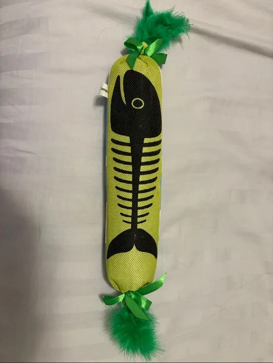 Green Fish Bone Cat Toy with Feather Accents