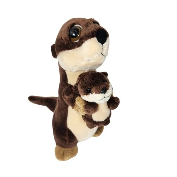 Petting Zoo Adorable Mom and Baby Otter Plush Toy‎ Large Big Eyes Brown