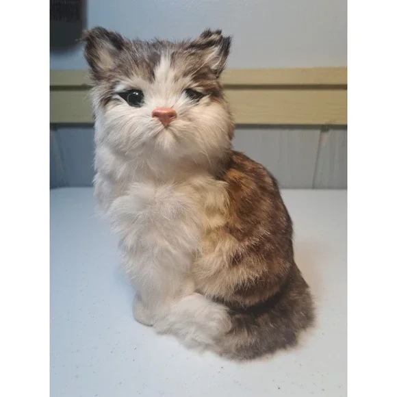 Real Fur Kitty Cat Calico Realistic Vtg Tri-Color Sitting 7.5