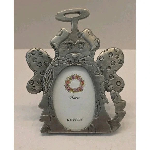 Mini Picture Frame Dog Angel Wings Halo Pewter Silvertone Novelty 2.5x3.5