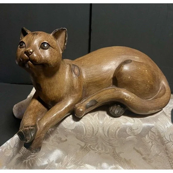 Vintage MCM Rustic Faux Wood Wooden Siamese Handcarved Cat 11