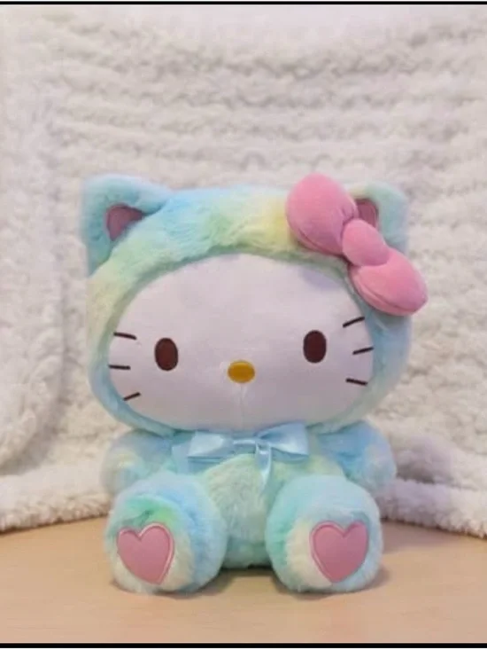 Sanrio Pastel Rainbow Kitty Plush with Pink Bow and Heart Paws
