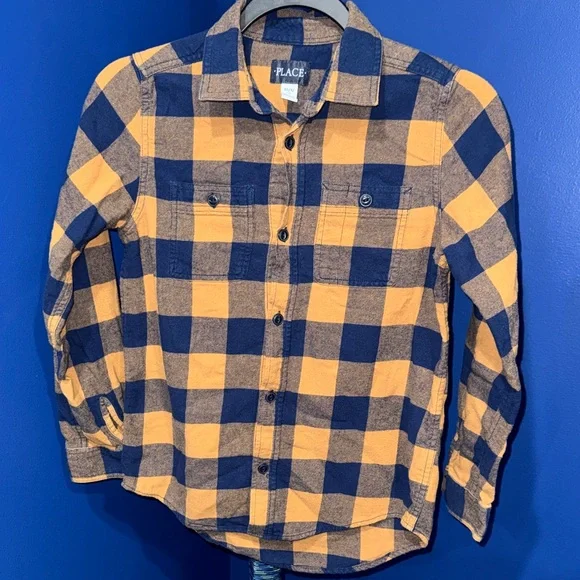 The Children's Place - Navy & Yellow Plaid Button-Down Shirt Size 10/12