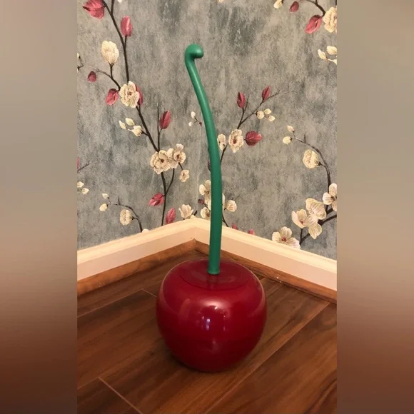 Toilet Cleaner Brush w/Handle; Cherry Design; Plastic; Red w/Green ‘Stem’